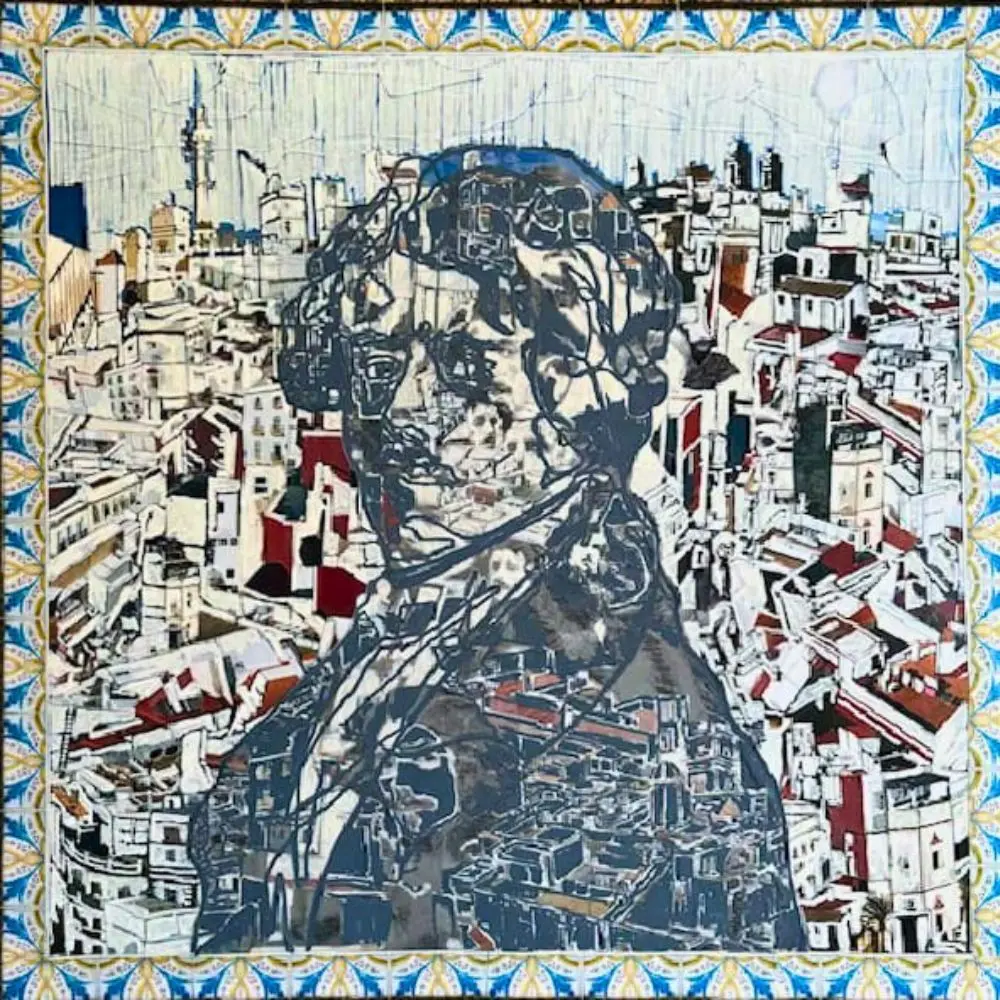 Work from the Rencontres Delacroix: a portrait of Eugène Delacroix blending into the rooftops of Cádiz, by Parisian painter Franck Paglieri